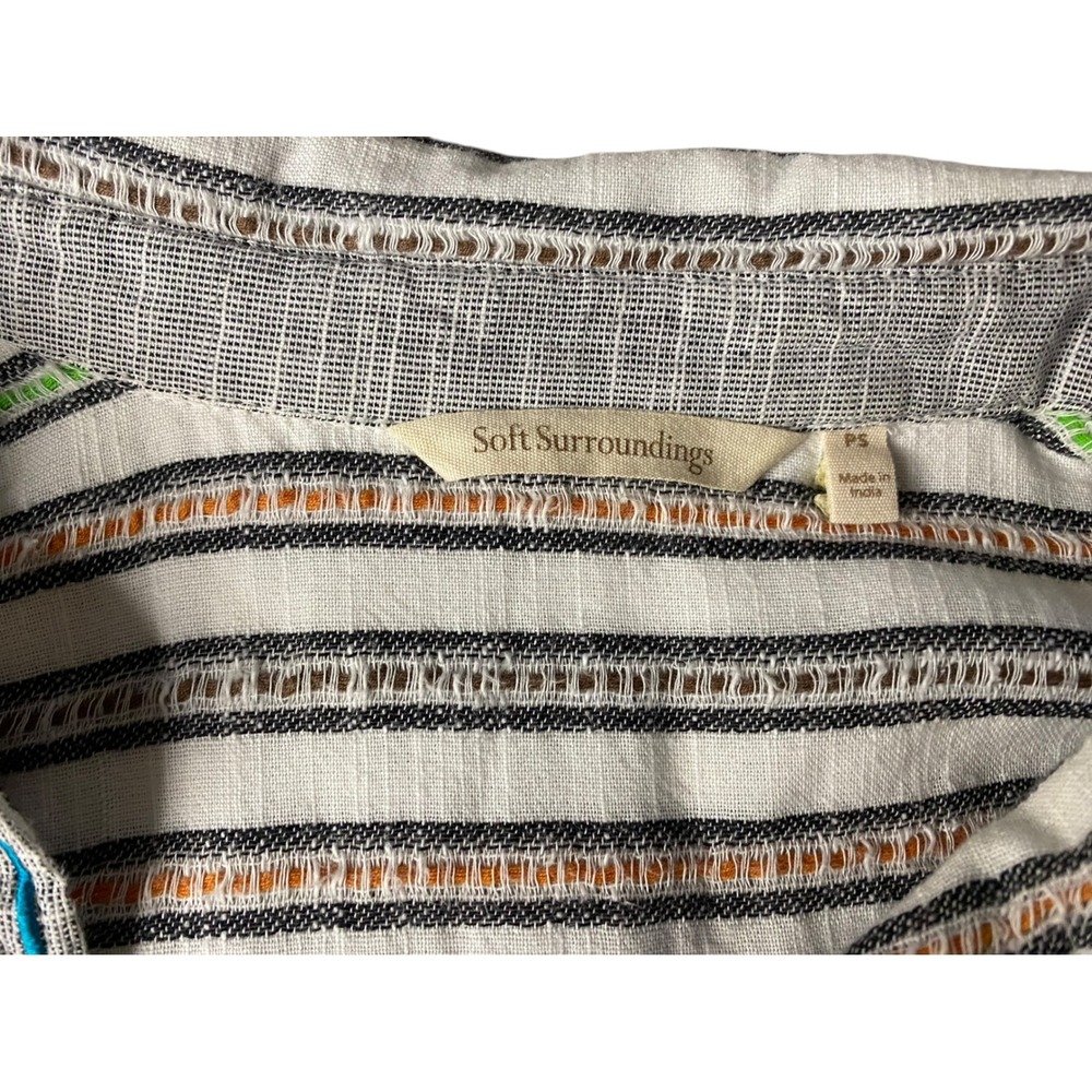 Soft Surroundings Embroidered Striped Split Neck Roll Tab Top Grey White PS - Picture 5 of 5